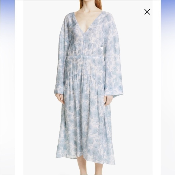 Vince Dahlia Print Long Bell Sleeves Double V Neck Rayon Flowy Maxi Dress - Picture 4 of 12